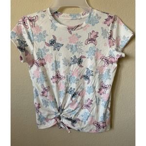 Disney Stitch Angel Hibiscus Flower Short Sleeve Girls T Shirt Top Size S 7/8